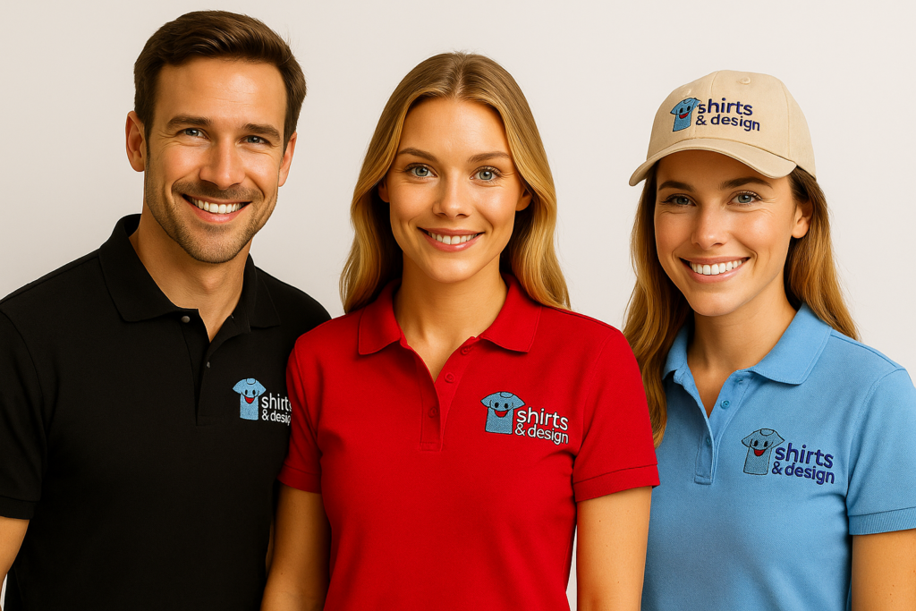 Drei Mitarbeiter mit bestickten Poloshirts und Cap mit „shirts & design“-Logo.