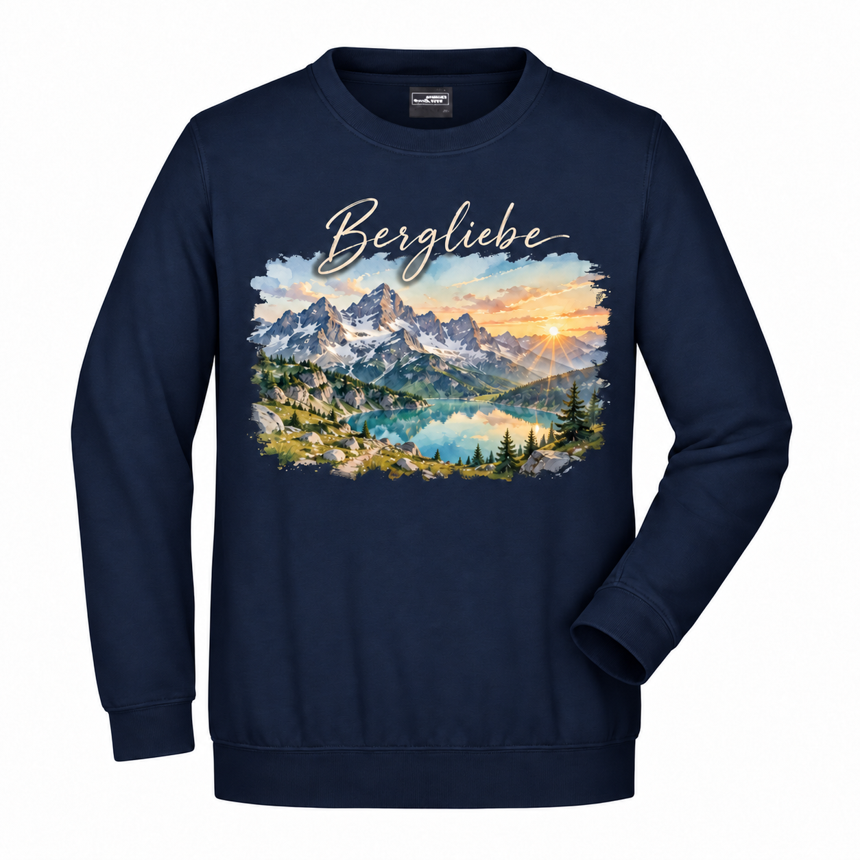 Rundhals-Pulli mit Bergliebe-Motiv in Navy – Gestaltungsbeispiel
